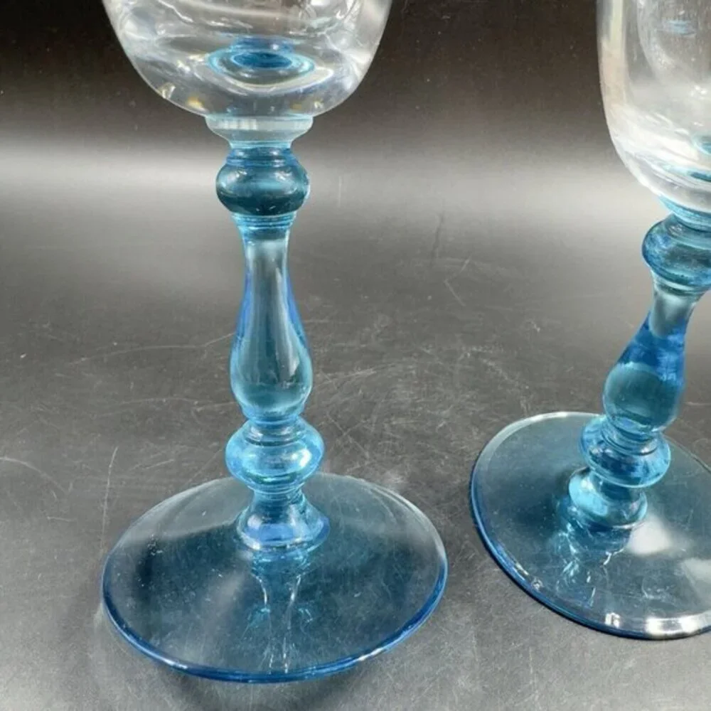 Antique Tiffin Franciscan Tall Blue Stem 2‎ Glasses Etched Manganese 365nm UV
